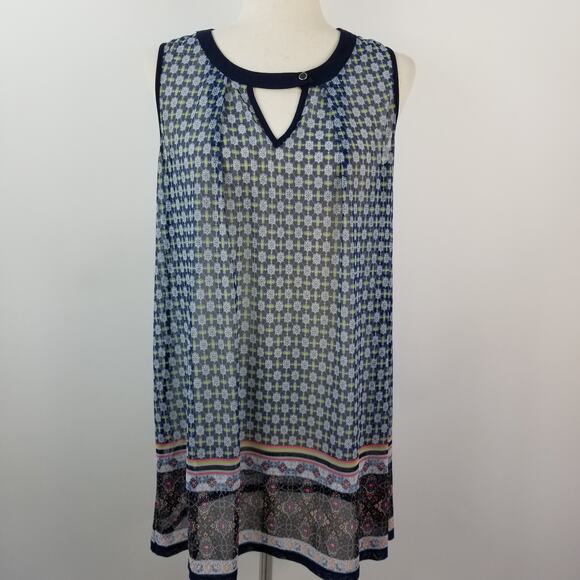 Faith and Joy Blue Yellow White Sheer Sleeveless Tunic Pleated Top Nice   Medium - Picture 1 of 8